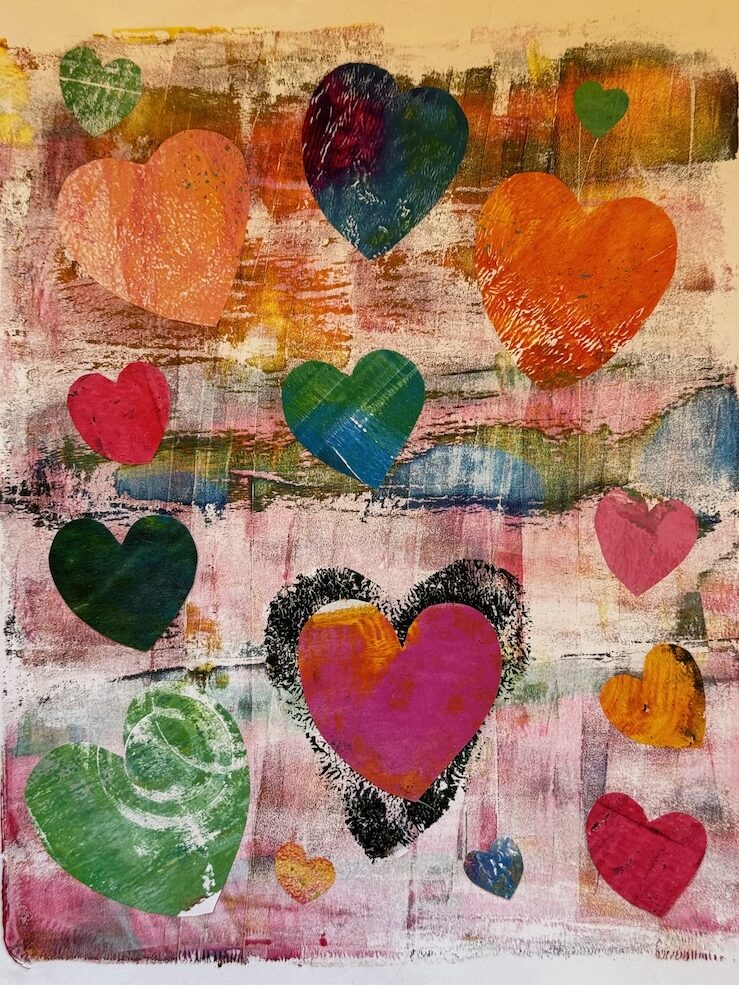 A colorful painting of hearts